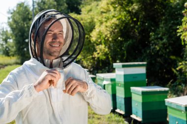 Mutlu arı yetiştiricisi arılara koruyucu giysi ayarlıyor.