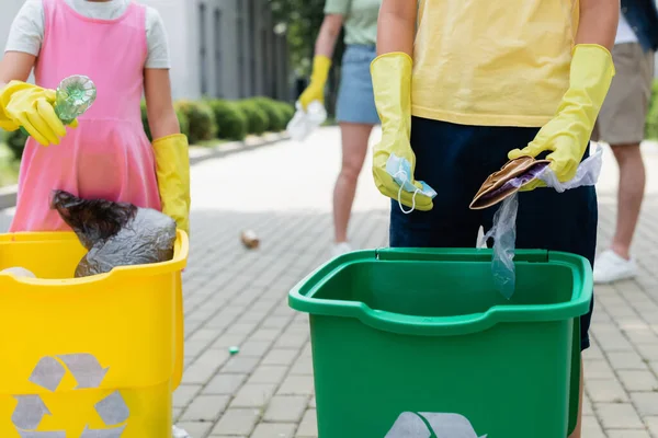 Cropped View Kids Rubber Gloves Sorting Trash Cans Outdoors — Stock Photo, Image