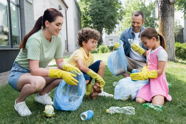 Positive Woman Rubber Gloves Collecting Trash Bags Outdoors — Stock Photo, Image