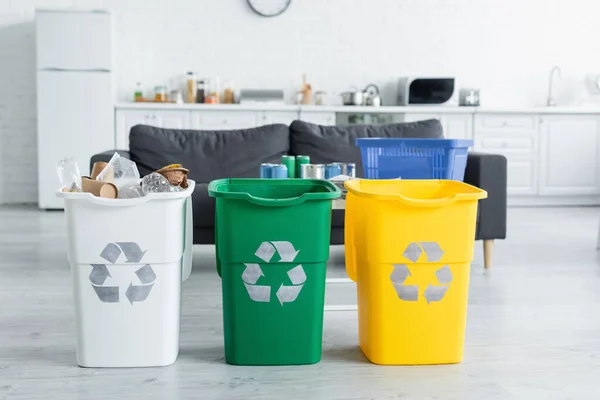 Mülltonnen Mit Recyclingschild Der Küche — Stockfoto