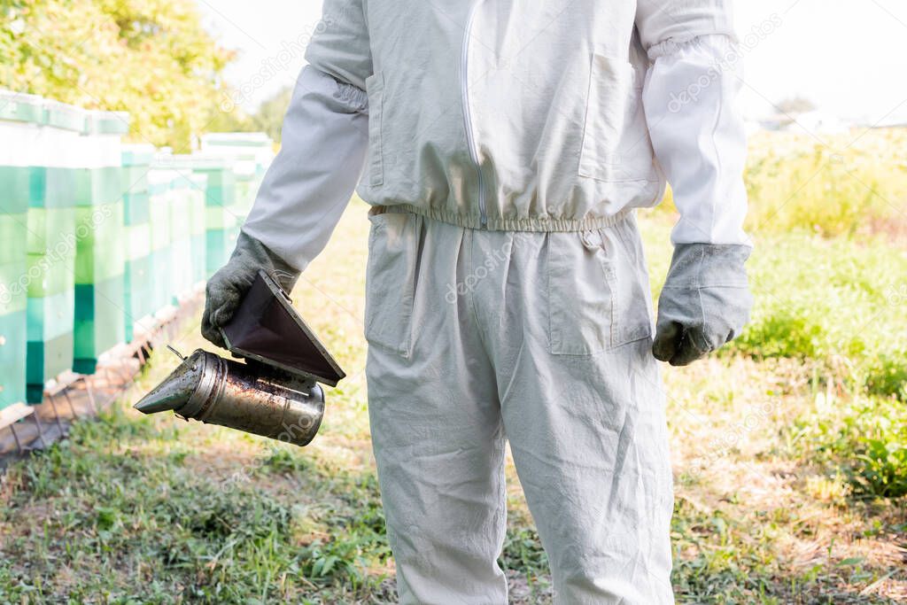 cropped view of apiarist in protective suit holding bee smoker on apiary