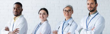 Orta yaşlı Asyalı doktor kameraya bakarken çok ırklı genç meslektaşlarının yanında, afiş