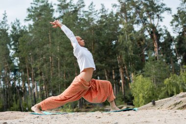 Savaşçı pozunda yoga yapan Budist 'in yan görünüşü. Ormanda eller havada.