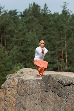 Beyaz kazaklı çıplak ayaklı Budist ormanda kaya üzerinde yoga pozu veriyor.