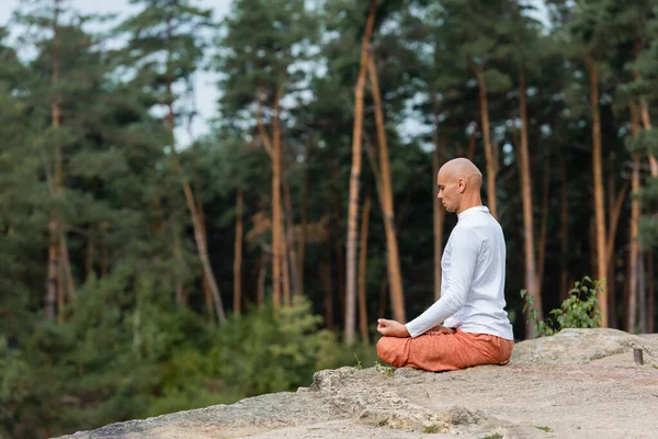 Vista Laterale Buddista Felpa Bianca Meditando Posa Loto Nella Foresta — Foto Stock