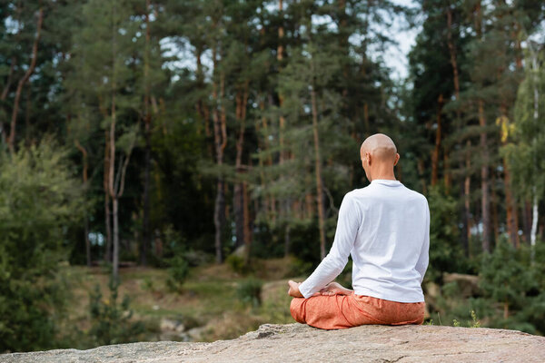 вид буддиста в белой толстовке практикующего позу лотоса в лесу