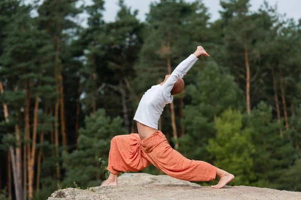 Oldalnézetben Buddhista Háremnadrágban Gyakorló Harcos Pózol Emelt Kézzel Erdőben — Stock Fotó