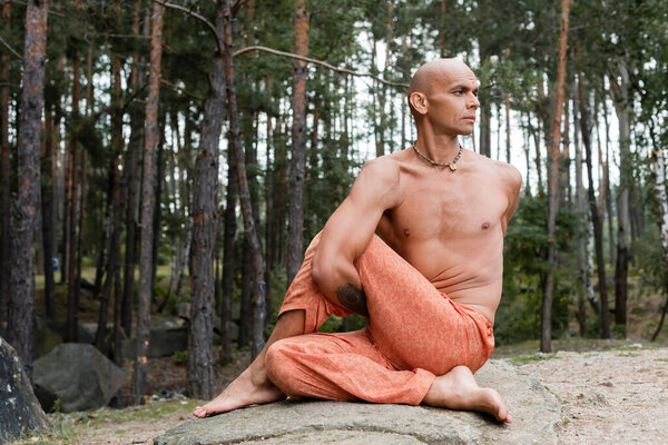shirtless buddhist meditating in lord of fishes pose in forest