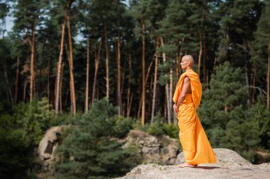 Turuncu kasaya giymiş çıplak ayaklı Budist keşişin ormandaki kayalık kayalıklarda meditasyon yapmasının yan görüntüsü.