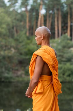 Budist cüppeli bir adam ormanda meditasyon yapıyor.