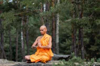 Turuncu kasaya giymiş Budist keşiş, Lotus 'ta oturmuş ormanda meditasyon yaparken dua eden ellerle poz veriyor.