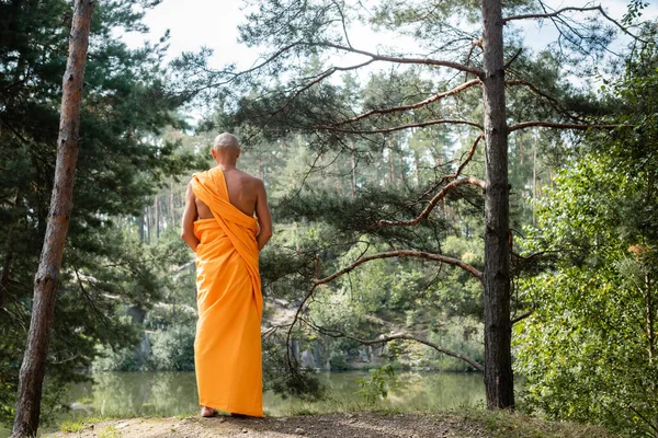 Vissza Kilátás Buddhista Narancs Kasaya Meditál Erdő Közelében — Stock Fotó