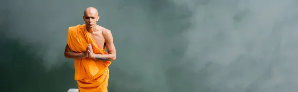 High Angle View Buddhist Monk Orange Robe Meditating River Banner — Stock Photo, Image