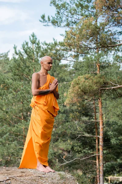 Full Length View Buddhist Orange Kasaya Praying Closed Eyes Forest — Stock Photo, Image