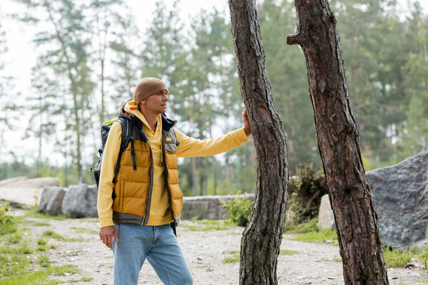 traveler in warm vest and beanie looking away while standing near trees in forest