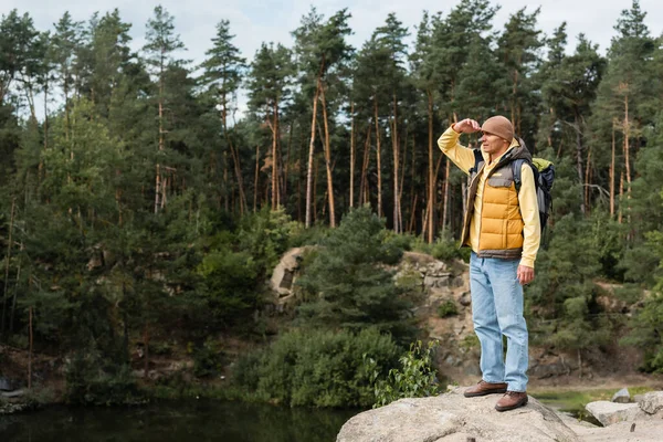 森の湖の近くの岩場の崖の上に立つ観光客の完全な長さの眺め — ストック写真