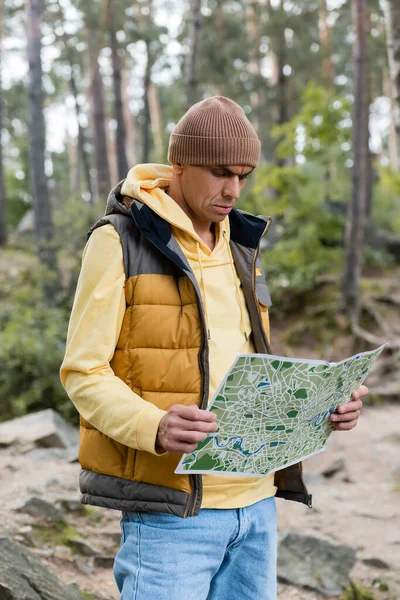 Traveler Warm Vest Beanie Looking Map Autumn Forest — Stock Photo, Image