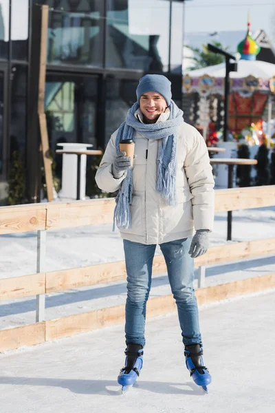 Full Length Happy Young Man Scarf Winter Hat Ice Skates — Stock Photo, Image