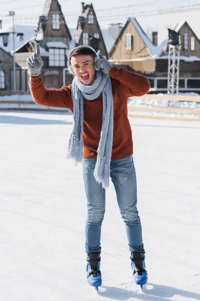 Full Length Happy Young Man Sweater Scarf Listening Music While — Stock Photo, Image