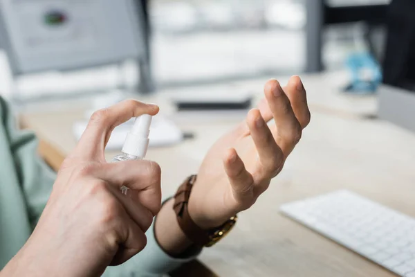 Cropped View Businessman Spraying Hand Sanitizer Office — Stock Photo, Image