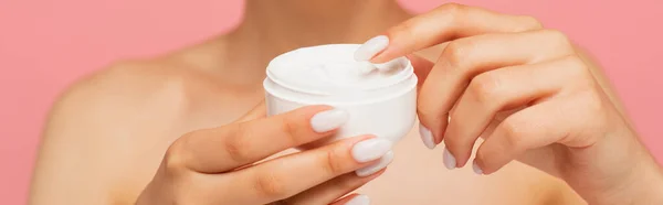 Cropped View Young Woman Holding Container Cosmetic Cream Isolated Pink — Stock Photo, Image