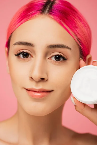 Close Joyful Young Woman Dyed Hair Holding Container Cream Isolated — Stock Photo, Image