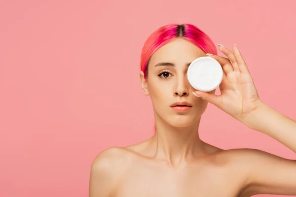 Young Woman Dyed Hair Covering Eye While Holding Container Cosmetic — Stock Photo, Image