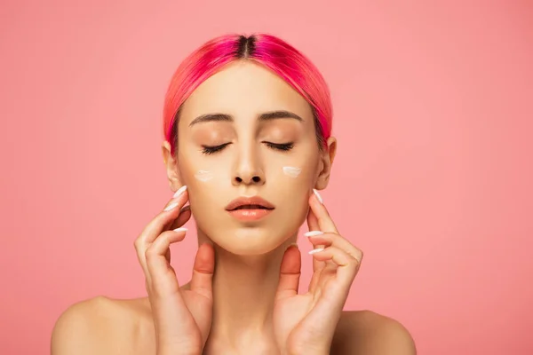 Young Woman Closed Eyes Face Cream Touching Cheeks Isolated Pink — Stock Photo, Image