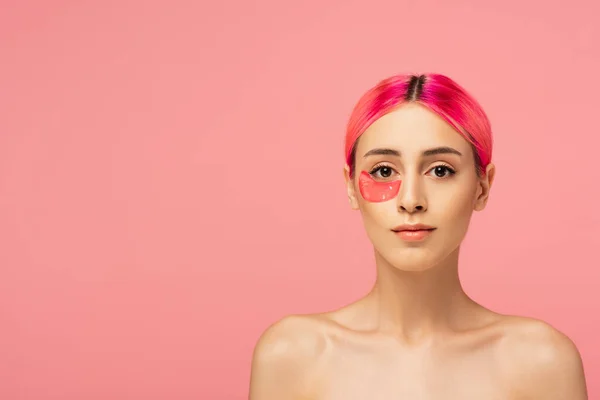 Young Woman Colorful Hair Moisturizing Eye Patch Isolated Pink — Stock Photo, Image