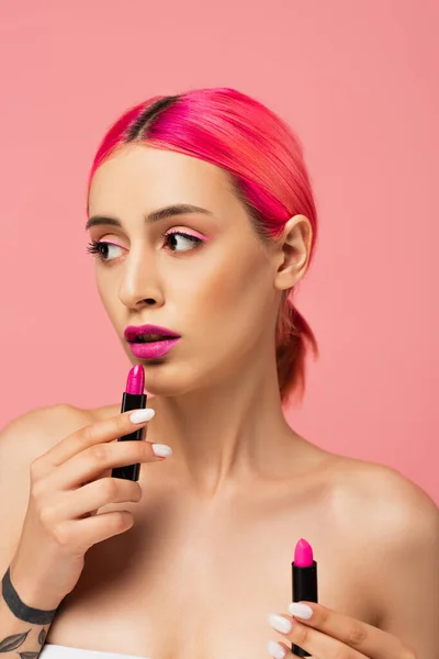 Young Woman Colorful Hair Holding Lipstick While Looking Away Isolated — Stock Photo, Image