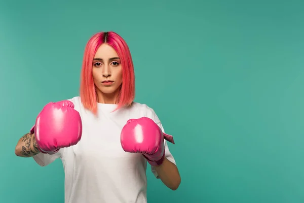 Tattooed Young Woman Pink Dyed Hair Boxing Gloves Isolated Blue — Stock Photo, Image