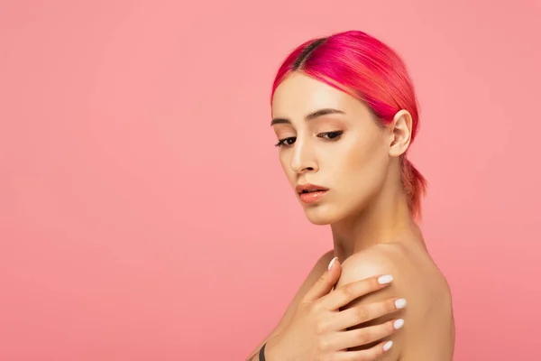 Pretty Young Woman Colorful Hair Touching Bare Shoulder Isolated Pink — Stock Photo, Image