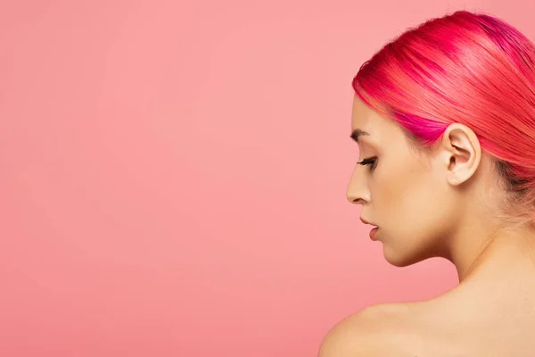 Profile Pretty Young Woman Colorful Hair Bare Shoulder Isolated Pink — Stock Photo, Image