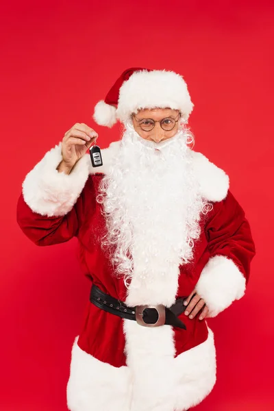 Santa Costume Holding Key Auto Isolated Red — Stock Photo, Image