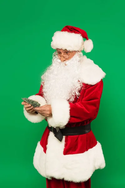 Excited Santa Claus Holding Dollars Isolated Green — Stock Photo, Image