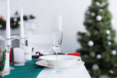 Noel yemeğinde servis edilen şampanya kadehinin seçici odağı.