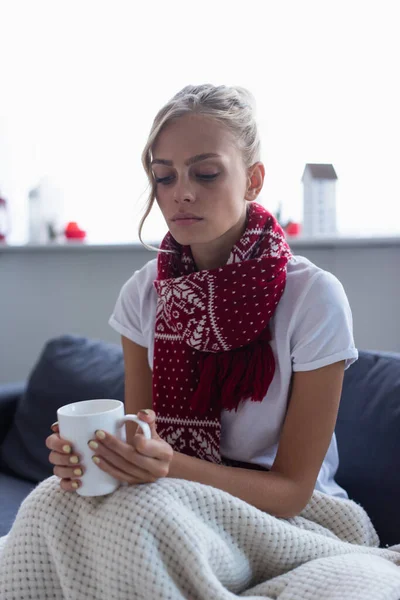 Ill Sad Woman Warm Scarf Sitting Sofa Blanket Cup Tea — Stock Photo, Image