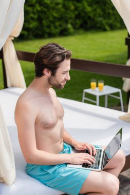 Yüzme şortlu bir adamın açık havada şezlongda dizüstü bilgisayar kullanışının yan görüntüsü. 