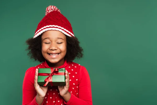 Joyful African American Kid Warm Hat Closing Eyes While Holding — Stock Photo, Image