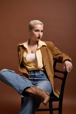 Kendine güveni tam genç bir kadın şık bir elbiseyle şık bir şekilde bir sandalyeye oturmuş moda sergiliyor..