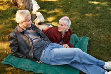 Sevgi dolu çift, çimenli bir parkta battaniyede dinlenirken hayallerini ve tatlı anlarını paylaşıyor..