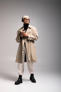 Şık bir genç adam kendine güvenerek ayakta dikiliyor. Elinde trençkot ve kulaklık var..