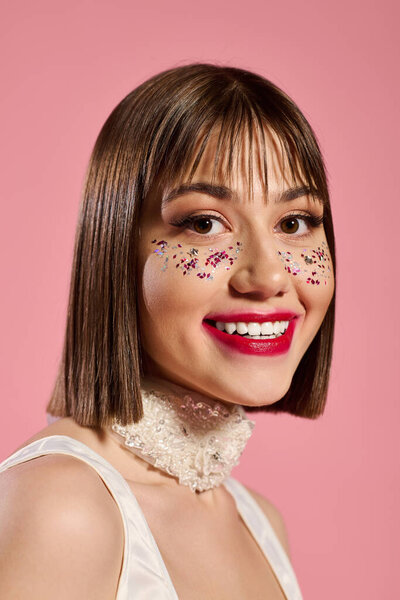 A beautiful young woman poses elegantly, showcasing her fashionable attire and cheerful expression.