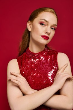 Çarpıcı kırmızı kıyafetli kendine güvenen genç bir kadın kollarını çarpıtarak cesur bir arkaplanda duruyor..