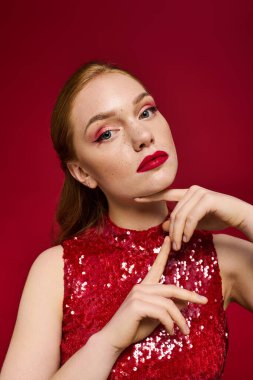 Genç bir kadın kendine güvenerek poz veriyor, çarpıcı makyajını zengin bir kırmızı arka plana vuruyor..