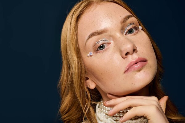 A young woman showcases her stunning makeup and elegant pearl accessories against a dark background.