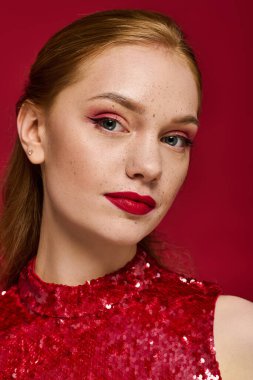 Kırmızı dudakları ve ışıl ışıl gözleri olan güzel bir kadın zarif bir poz veriyor, tarzını gösteriyor..