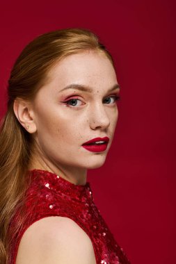 Göz kamaştırıcı genç bir kadın canlı bir makyajla ve çarpıcı bir arka planda bir elbiseyle parlıyor..