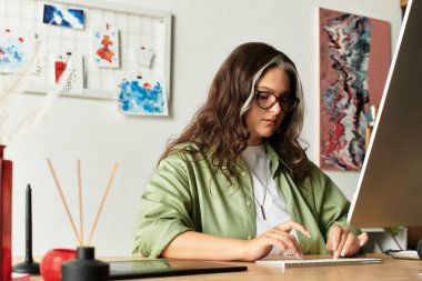 Beyaz perçemli bir kadın modern masasında, rahat bir dairede dikkatle çalışıyor..