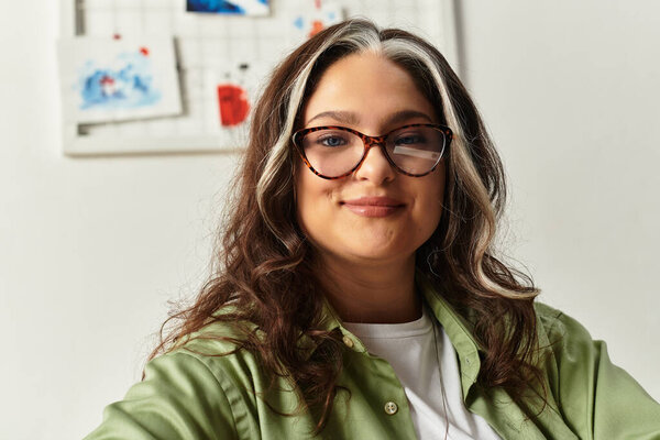 Woman with unique white forelock relaxes in her contemporary home filled with personal touches.